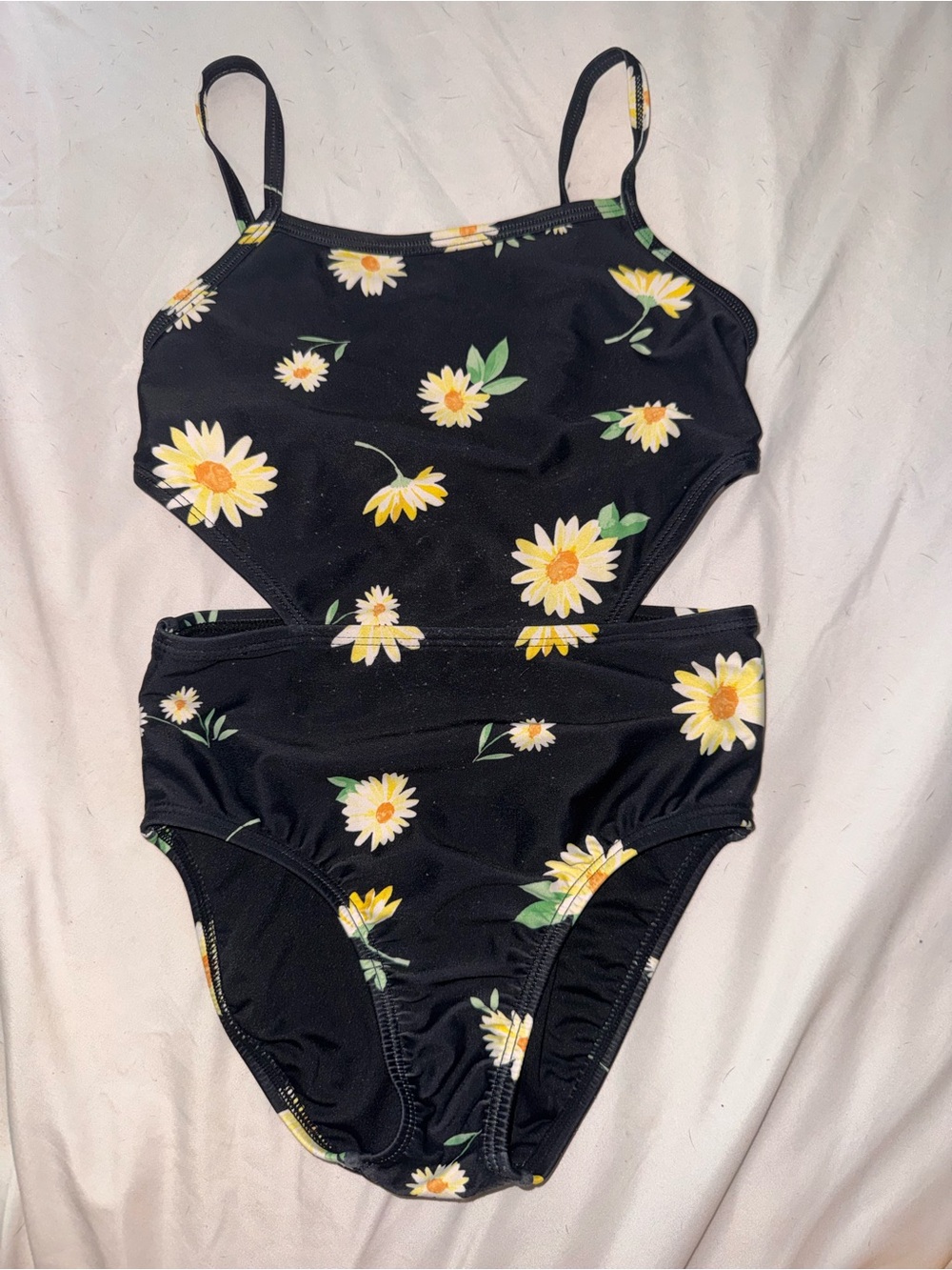 Old Navy Black One-Piece Girls Swimsuit with Yellow Daisy Print